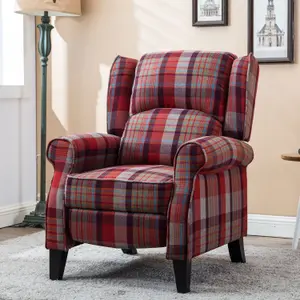 Eaton Wing Back Fireside Check Fabric Recliner Armchair Sofa Chair Reclining Cinema (Red)