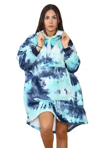 MS9 Women's Oversized Hoodie Wearable Blanket Hoodie Top With Sherpa Lining Green and Blue