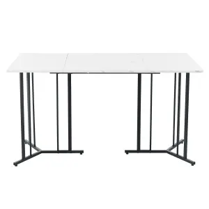 Metal Frame Rectangular Dining Table in Modern Marble Pattern Kitchen Table with Adjustable Feet, White/Black