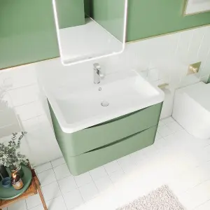 Wall Hung 2 Drawer Vanity Basin Unit with Polymarble Basin, 800mm - Satin Green