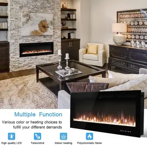 Black Electric Fire Fireplace Wall Mounted or Inset Heater 12 Flame Colors with Remote Control 60 Inch