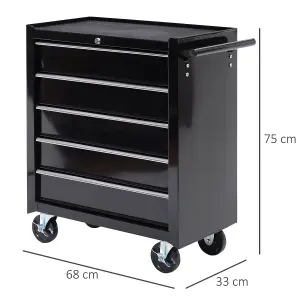 HOMCOM 5-Drawer Tool Chest Steel Lockable Tool Storage Cabinet w/ Wheels Black