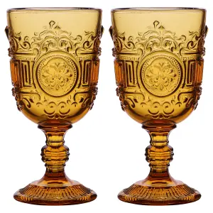 Set of 2 Vintage Luxury Amber Embossed Drinking Wine Glass Goblets Gifts Ideas 300ml