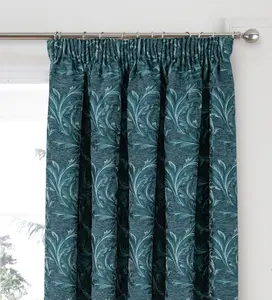 Home Curtains Georgia Chenille Fully Lined Floral 90w x 90d" (229x229cm) Teal Pencil Pleat Curtains (PAIR)