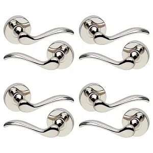 URBNLIVING 103mm Length 8 Pcs Geneva Metal & Polished Nickel Rose Lever Latch Door Handles Set