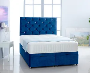 Blue   Naples Foot Lift Ottoman Bed With Memory Spring Mattress And   Studded  Headboard 5.0FT King Size