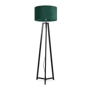 ValueLights Lottie Black Wood Tripod Floor Lamp with Forest Green Velvet Drum Shade