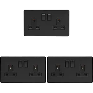 3 PACK 2 Gang Double DP 13A Switched UK Plug Socket SCREWLESS MATT BLACK Wall Power