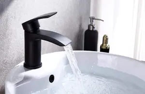 Matt Black Curve Waterfall Cloakroom Basin Mixer Tap Sink Mono Bathroom + Waste