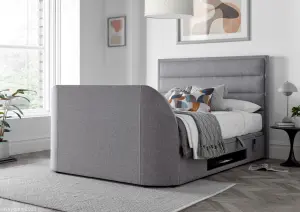 Kirkby TV Bed Frame: Upholstered Grey Fabric with Hidden TV Ottoman Storage