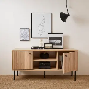 sweeek. 120cm TV stand with grooved wooden-effect Braga Natural 120x39x56.2 cm