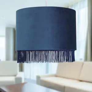 First Choice Lighting Set of 2 Fringed Navy Blue 38cm Fringed Velvet Pendant Shades