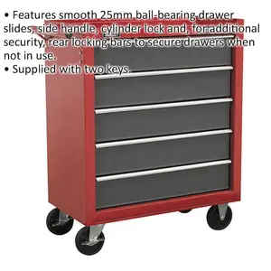 5 Drawer Red Portable Tool Chest with Locking Mechanism and Mobile Storage