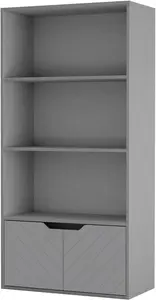 URBNLIVING 4 Tier Grey Wooden Bookcase Cupboard with 2 Grey Line Doors Storage Shelving Display Cabinet