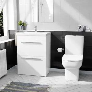 Nes Home 600mm White 2 Drawer Vanity Basin Unit & Close Coupled Toilet