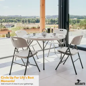 White Round Table 110 cm with Parasol Hole, Space-Saving HDPE Top, Steel Frame for Indoor / Outdoor Use, Garden Parties, BBQs