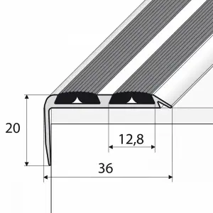 A37 36 x 20mm Anodised Aluminium Non Slip Rubber Stair Nosing Edge Trim With Inserts - Champagne With Black Rubber, 0.9m