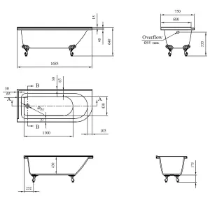 Balmoral 1700mm Freestanding Right Hand Shower Bath with Black Claw & Ball Feet