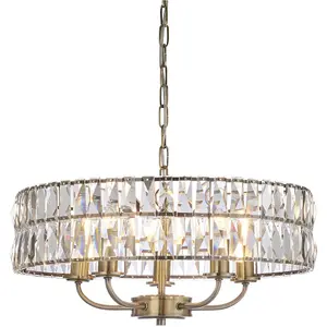 Multi Arm Hanging Ceiling Pendant Light - Antique Brass Plate & Clear Crystal Glass - 5 X 6W LED E14