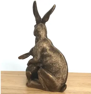 Large (25.5cm /10" high) bronze effect sitting Hare with Baby figurine from the Leonardo Reflections Bronzed range, gift boxed.