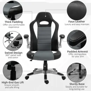 HOMCOM Racing Office Chair PU Leather Computer Desk Gaming Style with Wheels, Flip-Up Armrest, Grey