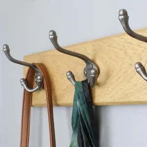 Oakcrafts - Handcrafted Solid Oak Coat Rack with Cast Iron 1883 Triple Hooks 900mm - 6 Hooks