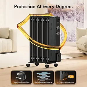 VonHaus Oil Filled Radiator 9 Fin, Oil Heater Portable Electric Free Standing 2000W for Home, Office, Any Room