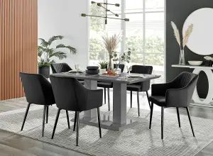 Imperia Grey High Gloss 6 Seater Dining Table with Structural 2 Plinth Column Legs 6 Black Velvet Black Leg Calla Art Deco Chairs