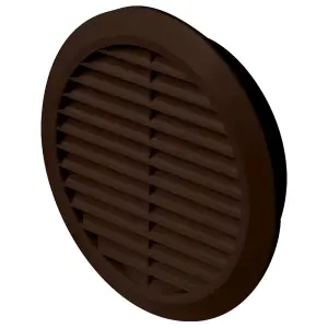 Brown Louvred Wall Vent Grille with Flyscreen for 125 mm / 5" Round Wall Outlet - Air Ventilation Duct Cover with Flange