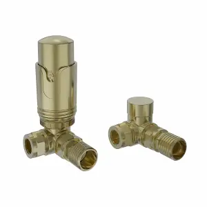 Right Radiators Brushed Brass Corner Thermostatic Valve Radiator Valves with Lockshield Valve 15mm x 1/2"