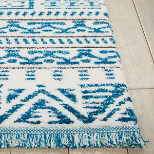 Ivory Blue Modern Shaggy Geometric Moroccan Dining Room Bedroom & Living Room Rug-66 X 229cm (Runner)