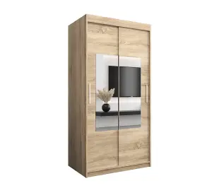 Elegant Torino Mirrored Sliding Door Wardrobe (H)2000mm  (W)1000mm (D)620mm with Ample Storage- Oak Sonoma