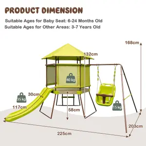 Costway Outdoor Kids Swing Slide Set Metal Backyard Swing Set W/ Covered Playhouse Fort