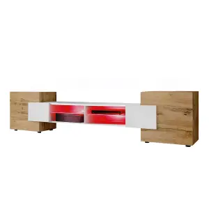 Merano Wide TV Unit with Storage & Led Lighting - White Gloss / Wotan Oak