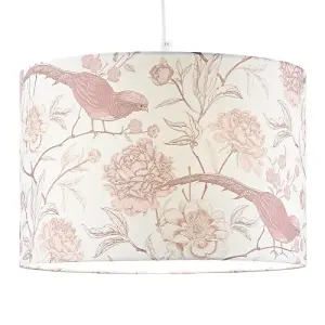 Traditional Cotton Lamp Shade with Pink Long Tailed Birds and Floral Decor