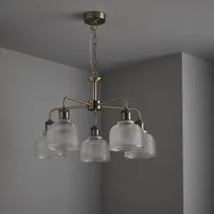 nielsen Shawford 5 Way Elegant Ceiling Light Chandelier, Antique Brass with Halophane Glass Shades, 56.5 Wide