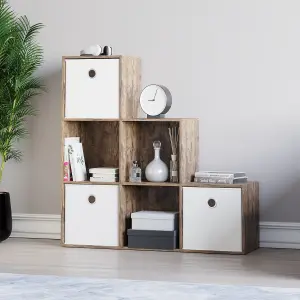 Vida Designs Durham Dark Wood 6 Cube Staircase Storage Unit & Set of 3 White Foldable Cube Storage Baskets