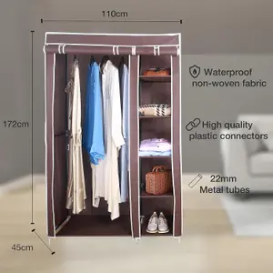 Fabric Canvas Wardrobe Organizer Clothes Rail Shelves Storage Closet Double Tall - Brown