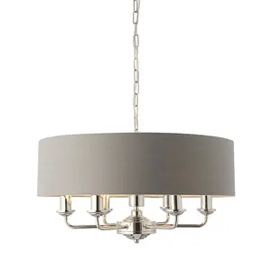 Luminosa Highclere Cylindrical Pendant Light Bright Nickel Plate, Charcoal Fabric