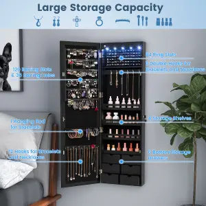 Costway Jewelry Cabinet 5 LED Lights Wall/Door Mounted Jewelry Armoire w/ Mirror