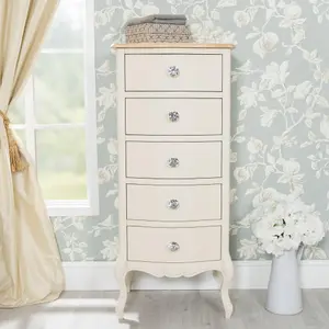 Juliette Champagne Shabby Chic 5 Drawer Tallboy with Crystal Handles