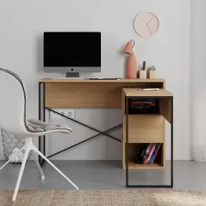 Decortie Modern Badau L-Shaped Computer Desk Oak Black Metal Legs 3 Adjustable Storage Shelf Extra Table 110cm(W) Work PC Office