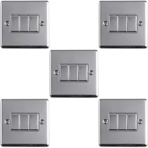 5 PACK 3 Gang Triple Metal Light Switch POLISHED CHROME 2 Way 10A GREY Trim