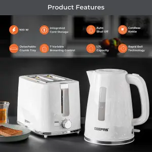 Geepas 1.7L Kettle and 2 Slice Toaster Set with Marble Pattern Design, White