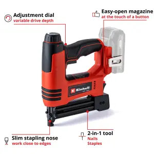 Einhell Power X-Change Cordless Nail Gun And Stapler 2-in-1 Brad Nailer With 300 Nails Staples TE-CN 18 Li Solo - Body Only