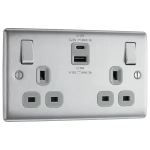 BG Brushed Steel Double 13A 22W Raised slim Switched Screwed Socket with USB, x2 & Grey inserts