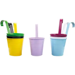 Set of 7 Metal Hanging Plant Pots - Weatherproof Colourful Outdoor Garden Plant, Flower or Herb Planters - Each H22 x 10cm Dia