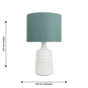 First Choice Lighting Set of 2 Ripple Off White Ribbed Ceramic Table Lamps with Teal Fabric Shades