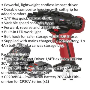 20V Cordless Impact Driver & 2x Li-Ion Batteries - 1/4" Hex Drive Powerful Light