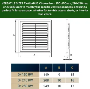 White Air Vent Cover 210x210mm -Interior and Exterior Wall Vents with Insect Grid Fly Net